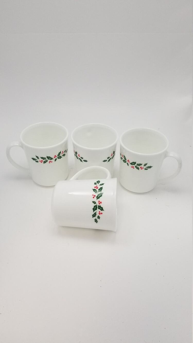4 Corning Winter Holly Mugs, Milk Glass Corelle Cups, Berries White Stem